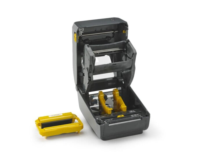 Zebra ZD420c Desktop Thermal Transfer Barcode Label Printer with Yellow Cartridge Ribbon shown