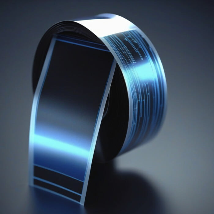 A glossy black thermal transfer ribbon and printer head with animated data flow graphics in a blue-to-black gradient background.
